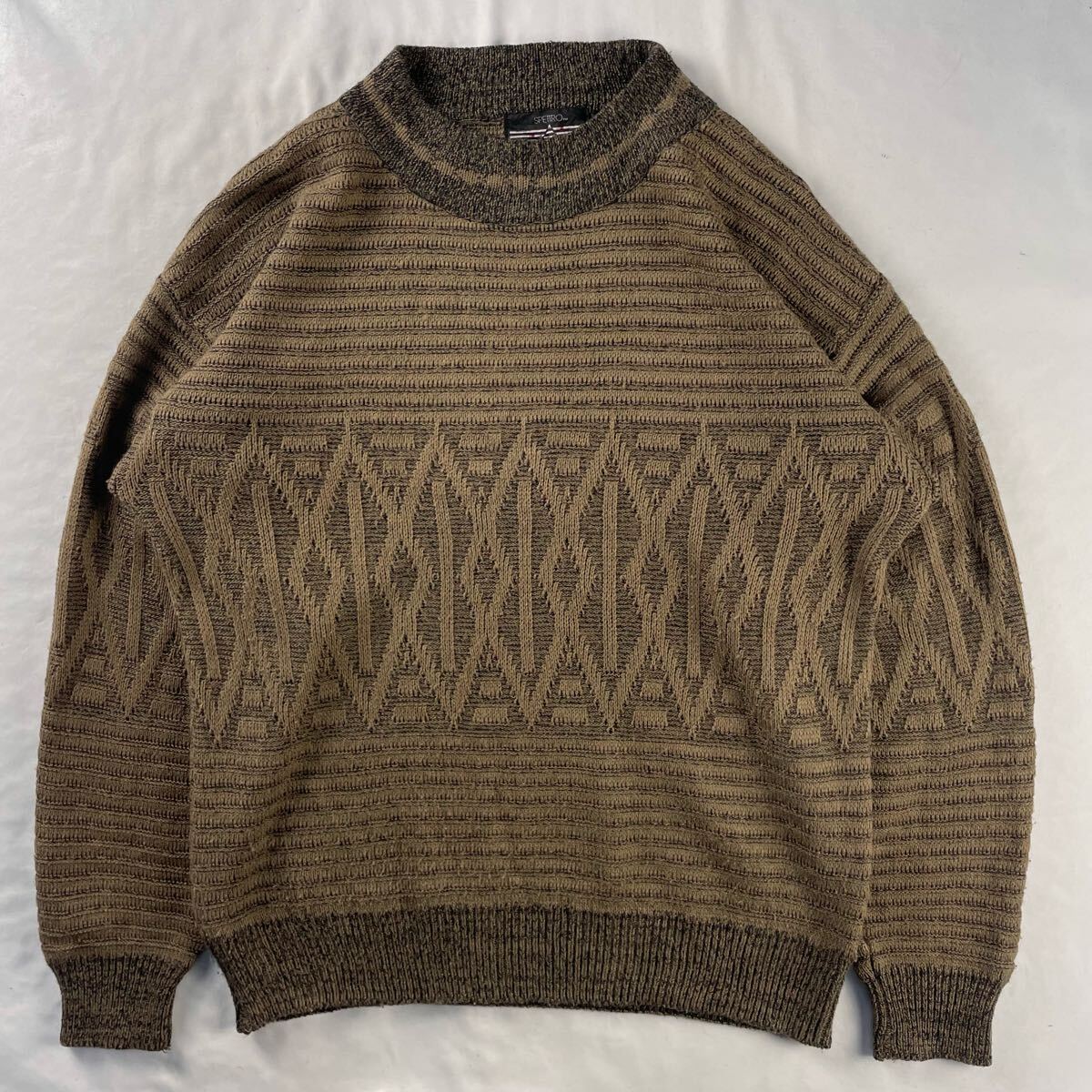 US Vintage 90s SPETTRO アクリル100% くすみカラー 立体 3D 幾何学模様 アート エスニック 民族 装飾 メランジ 総柄 デザインニット拍卖