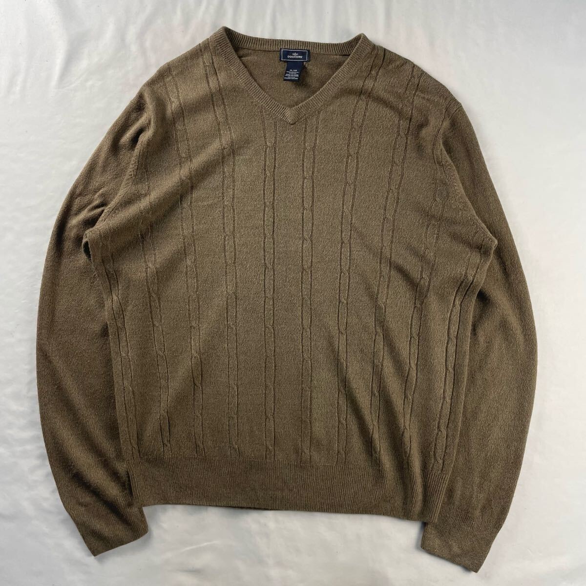US Vintage 90s DOCKERS アクリル100% Vネック くすみカラー 立体 3D ケーブル編み 単色 プレーン ブラウン 薄手 デザインニット拍卖