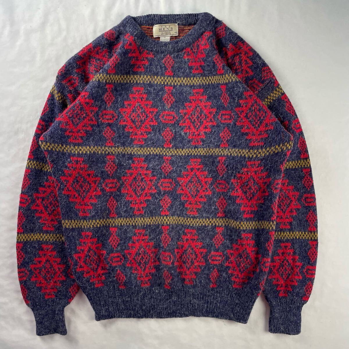 US Vintage 90s The Men's Store at sears アクリル80% ナイロン20% ネイティブ オルテガ エスニック 民族 幾何学模様 シャギー 総柄ニット拍卖