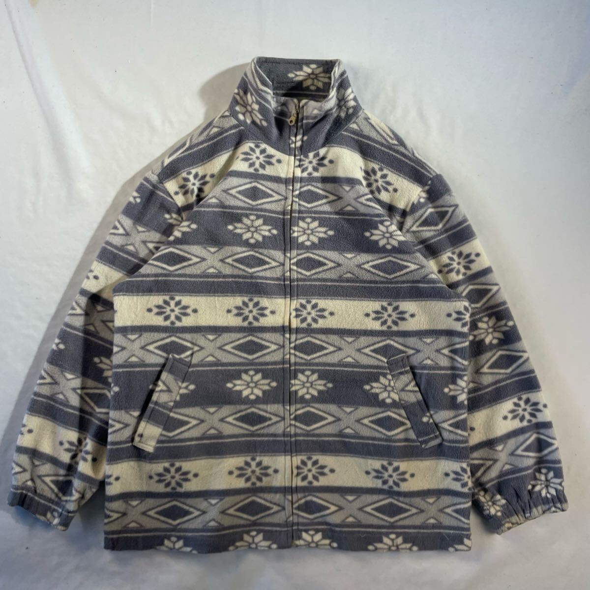 Euro Vintage 90s FRANCO SPORT くすみカラー ノルディック スノーフレーク 幾何学模様 エスニック 民族 ボーダー 総柄 フリースジャケット拍卖