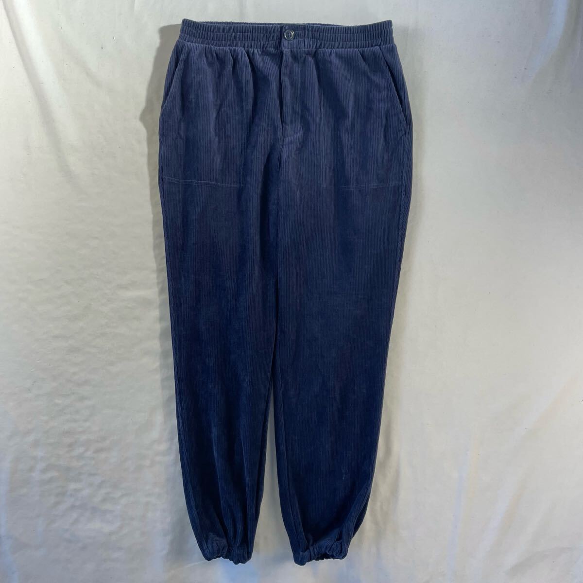 Vintage 00s LANDS' END ベロア 起毛 立体 3D 細畝 コーデュロイ 単色 プレーン ネイビー イージーパンツ拍卖