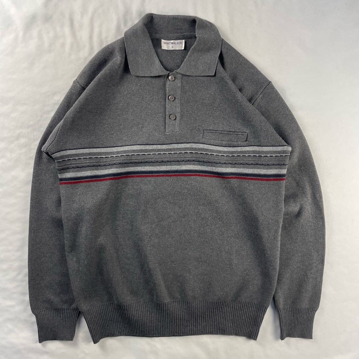 Euro Vintage 80-90s NIGHTWALKER ウール60% アクリル40% くすみカラー 幾何学模様 アート ボーダー グランパコア デザイン ニットポロ拍卖