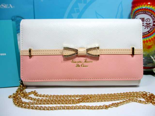 送料無料 60%引 サマンサタバサ 本牛革 リボン 長財布 ショルダー付 バイカラー ピンク 白 新品 証明書付 お財布バッグ スマホショルダー拍卖