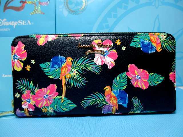 送料無料 53%引 サマンサタバサ パラダイス リゾート 柄 牛革 ラウンドジップ ファスナー 長財布 黒 未使用 証明書付 ハイビスカス オウム拍卖