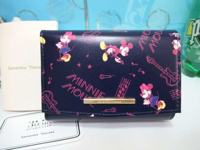 送料無料 50%引 サマンサタバサ 限定 ミッキー ミニー 音符チャーム付 牛革 三つ折り財布 ミニ財布 折財布 紺 新品 証明書付 ディズニー拍卖