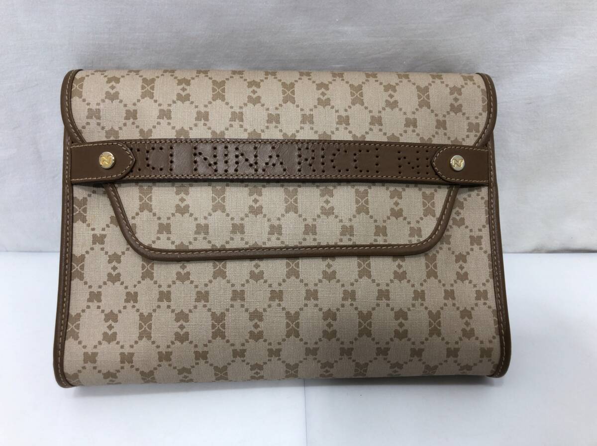NINA RICCI クラッチバッグ 総柄 PVCxレザー ベージュxブラウン ニナリッチ D4拍卖