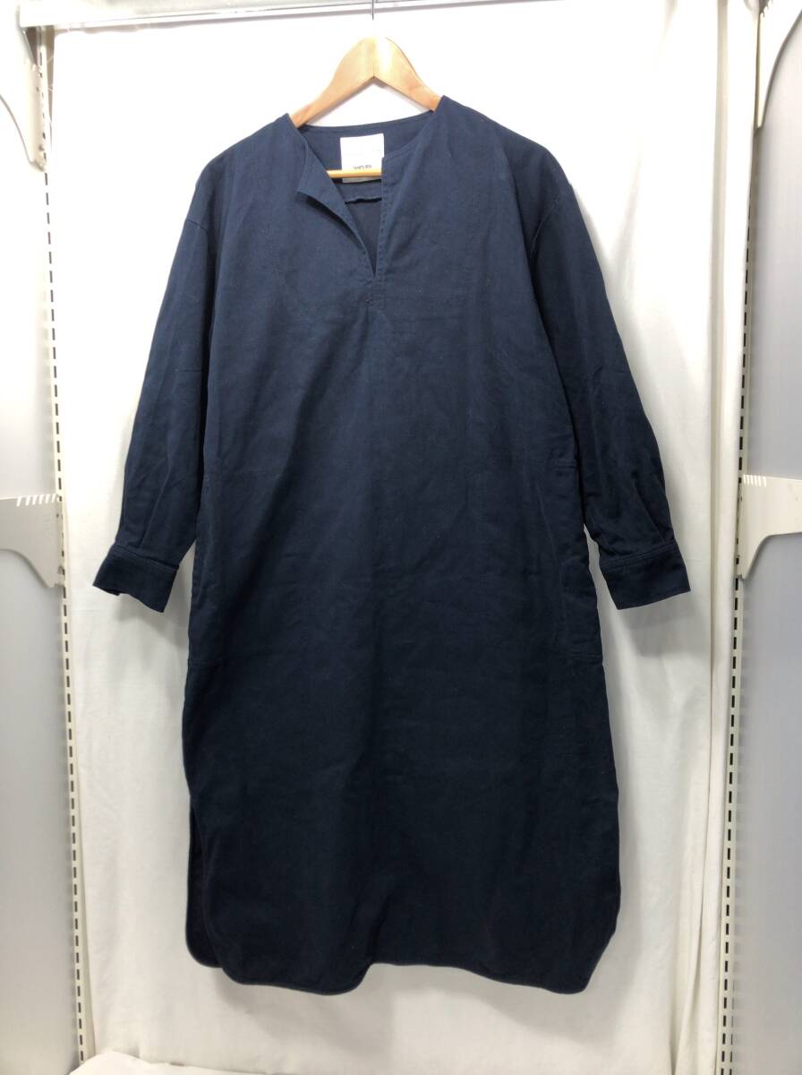 SHIPS any 長袖 ロング ワンピース ノーカラー F ネイビー 厚手コットン生地 シップス D18拍卖