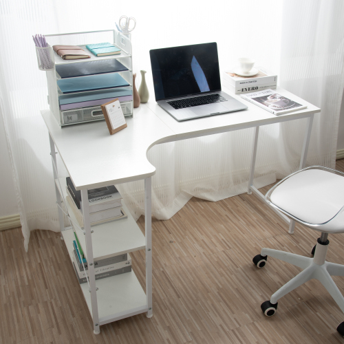 【ホワイト】パソコンデスク L字 120cm 2段ラック付 デスク木製 ミシン台 書斎机 勉強机拍卖