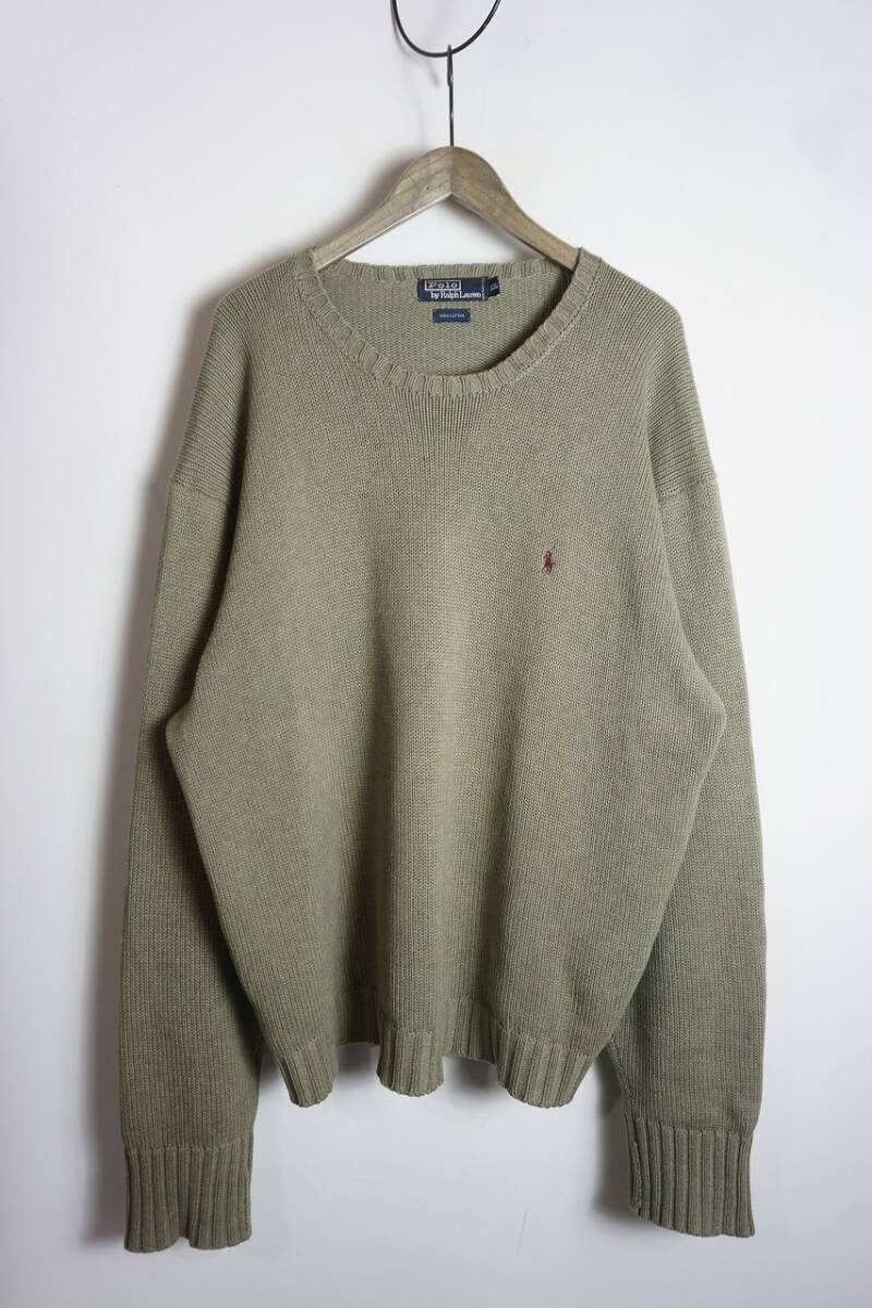 希少 90s POLO Ralph Lauren ポロ ラルフローレン コットン ニット セーター カーキ サイズXXL 本物 219P拍卖