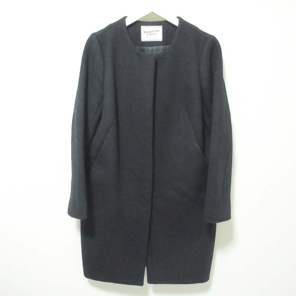 美品 Deuxieme Classe ドゥーズィエムクラス ミドル丈 ノーカラーコート 36 ブラック拍卖