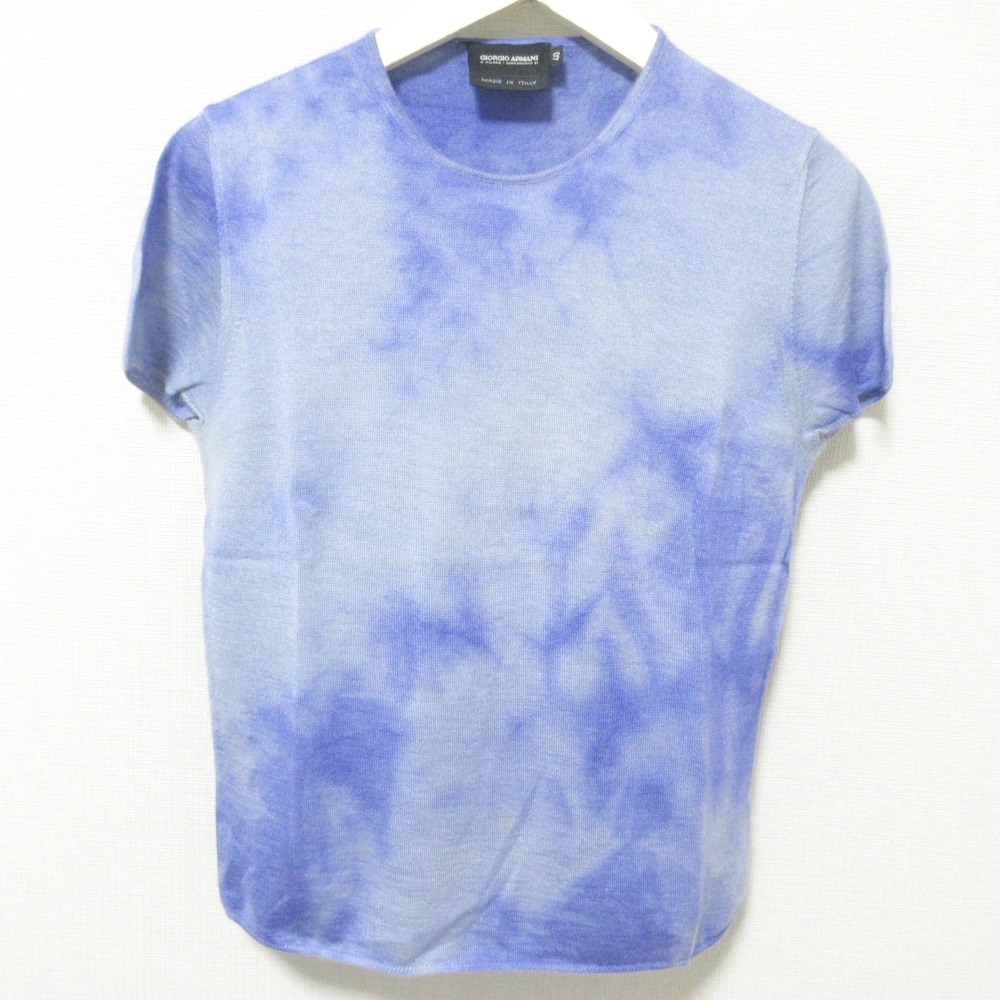 美品 GIORGIO ARMANI ジョルジオアルマーニ カシミヤ×シルク タイダイ染め ショートスリーブ ニット セーター 40 ブルー拍卖