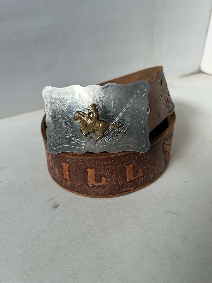 50's 60's vintage western beltヴィンテージウエスタンベルトロデオバックル付 型押しカービングベルト ブラウン 検カウボーイベルト拍卖