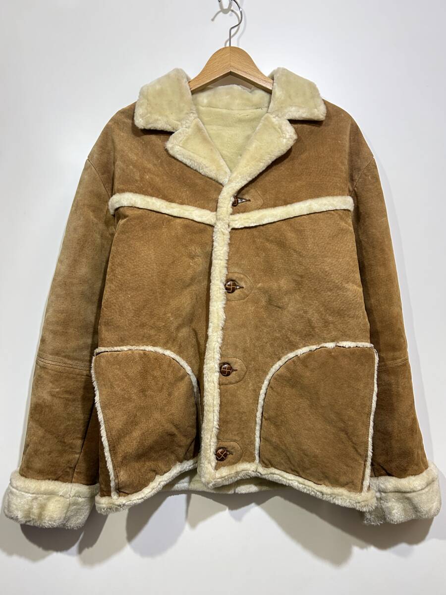 ▼ Flash Stone ムートンジャケット レザー フェイクボアジャケット ピッグスキン ブラウン L 肉厚アウター 豚革 本革 オールド レトロ拍卖
