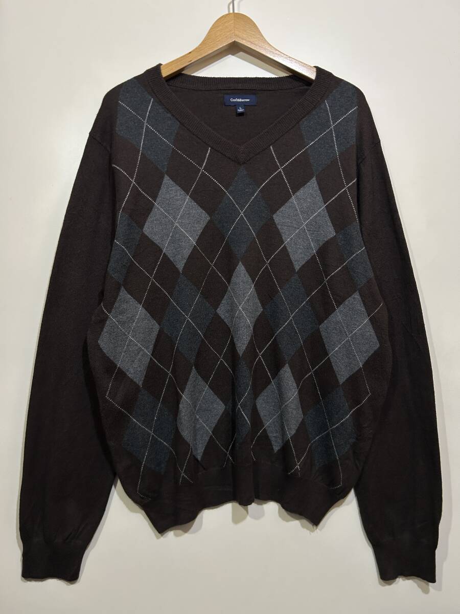 ● Croft & Barrow クラフトバロー Vネック アーガイルニット コットン レーヨン混紡 セーター L ブラウン 茶系 薄手 拍卖