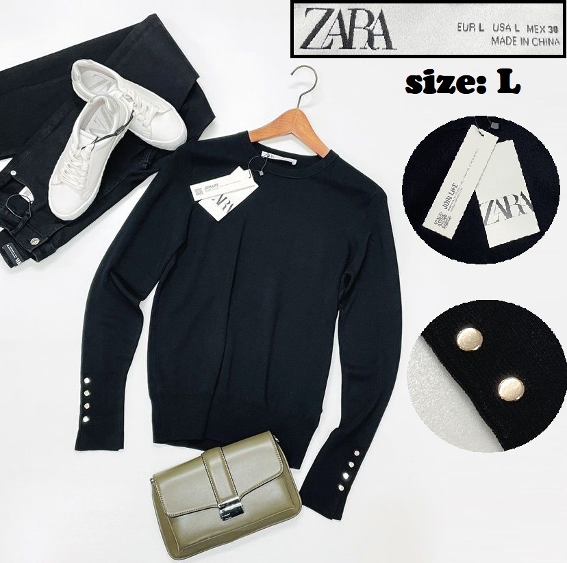 ZARA /L/ ブラック 長袖ニットセーター トップス レディース タグ付き カジュアル 通勤 大人可愛い ゴールドボタン ナイロン混生地 ザラ拍卖