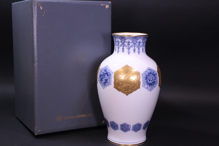 w-5894 大倉陶園 金彩花瓶 フラワーベース 共箱拍卖