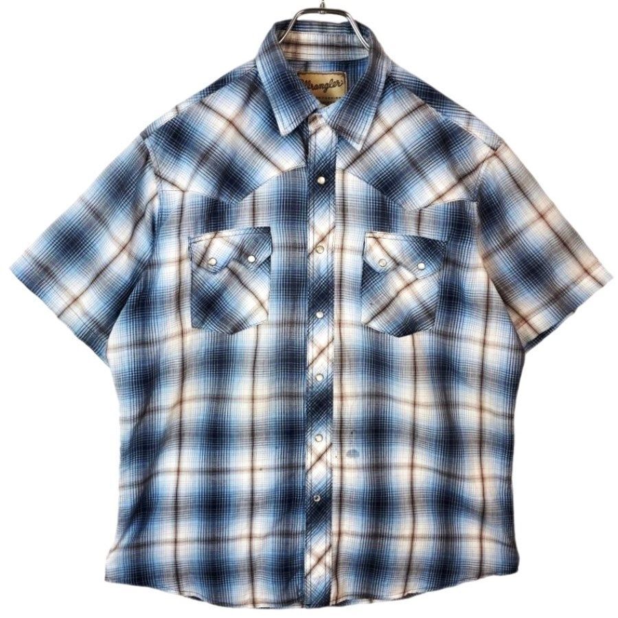 ラングラーWrangler半袖チェックシャツウエスタンシャツ青ブルー紺ネイビー白ホワイト茶色ブラウンスナップボタンvintageヴィンテージ41121拍卖