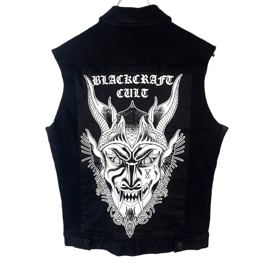 ブラッククラフトBlackcraftデニムベストバックプリント大判プリントデカプリント悪魔デストロイヤー閻魔ダーク黒ブラック白ホワイト41120拍卖