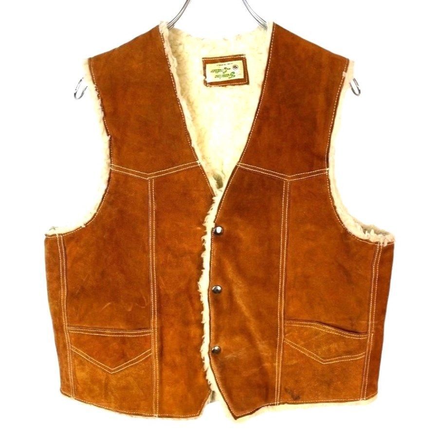 Genuine Lather本革リアルレザーベストスエードレザーボアベストヌバック茶色ブラウン白ホワイトvintageヴィンテージ41120拍卖