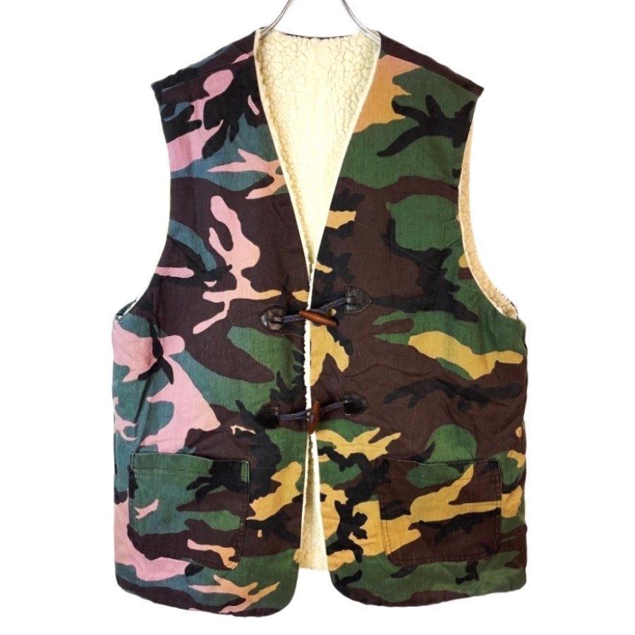 ヴィンテージvintage裏地ボアベスト迷彩カモフラージュトグルボタン茶色ブラウン緑グリーンカーキベージュ41120拍卖