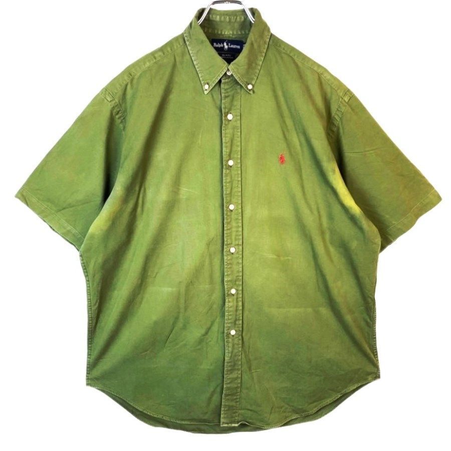 ラルフローレンRalph lauren半袖ボタンダウンシャツコットンシャツBLAIREレッドポニーロゴ刺繍ワンポイント緑グリーンカーキvintage41118拍卖
