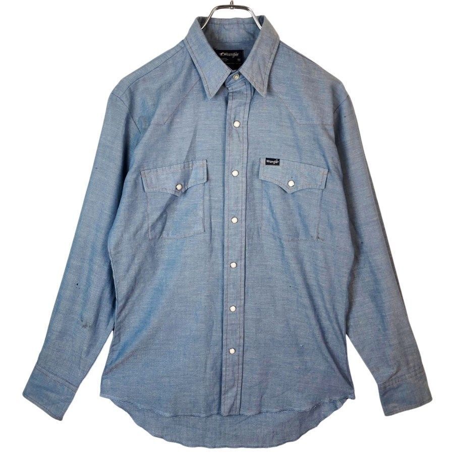 80sUSA製ラングラーWranglerホースマークタグウエスタンシャツ長袖シャツスナップボタンロゴワンポイント青ブルーvintageヴィンテージ41115拍卖