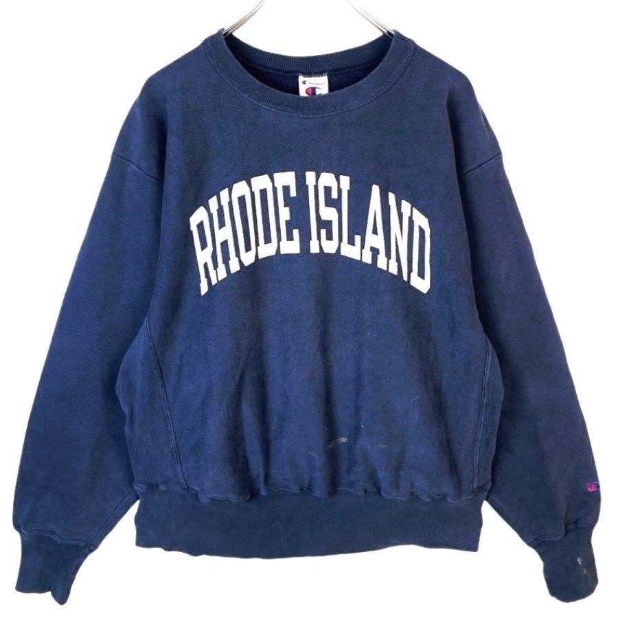 チャンピオンChampionスウェットトレーナーカレッジ系rhode island両面プリント袖ロゴ刺繍リバースウィーブタイプ紺ネイビー白41115拍卖