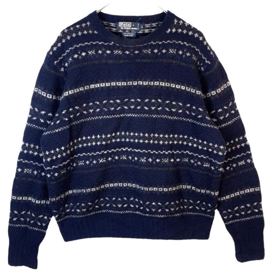 ポロバイラルフローレンPolo by ralph laurenウールニットセーターHAND KNITハンドニットノルディックフェアアイル紺ネイビー白41115拍卖