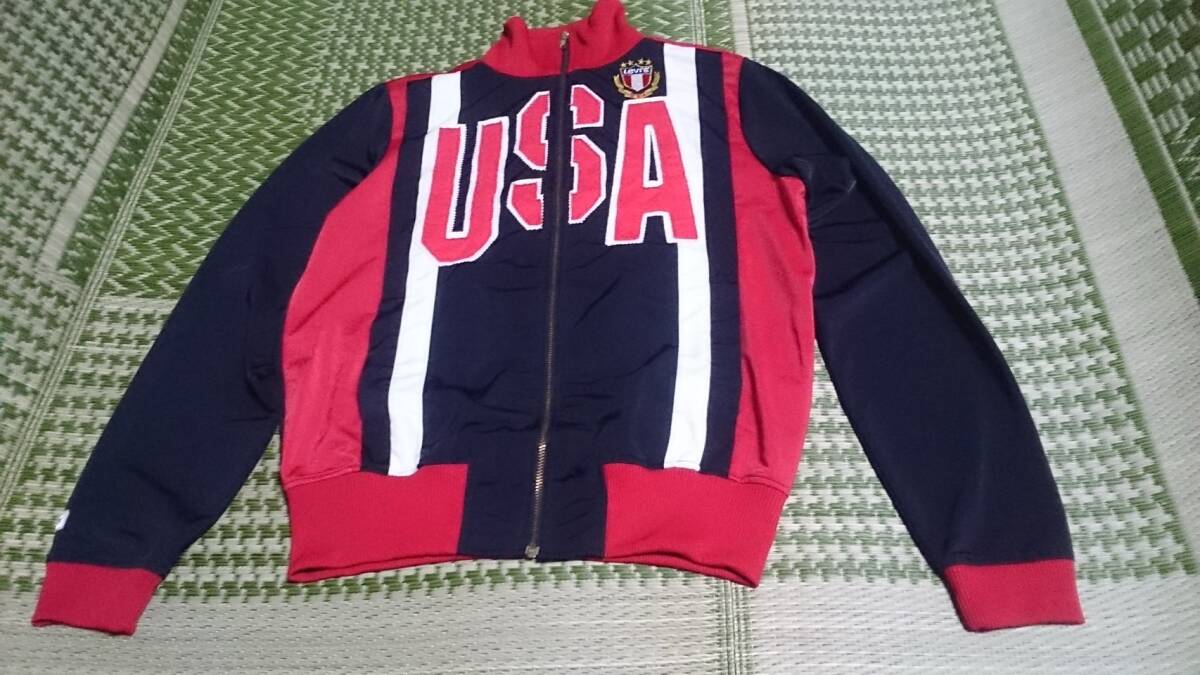 中古 Levi’s リーバイス USAチーム ポリエステル 3色切替 刺繍 ジップ トラック ジャケット ジャージ 黒白赤 M拍卖