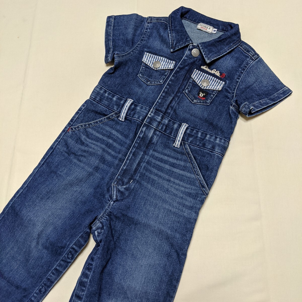 ☆AN17 DOUBLE.B ダブルビー ミキハウス M 80 90 男の子 男子 半袖 デニム つなぎ ネイビー ブルー ストレッチ拍卖