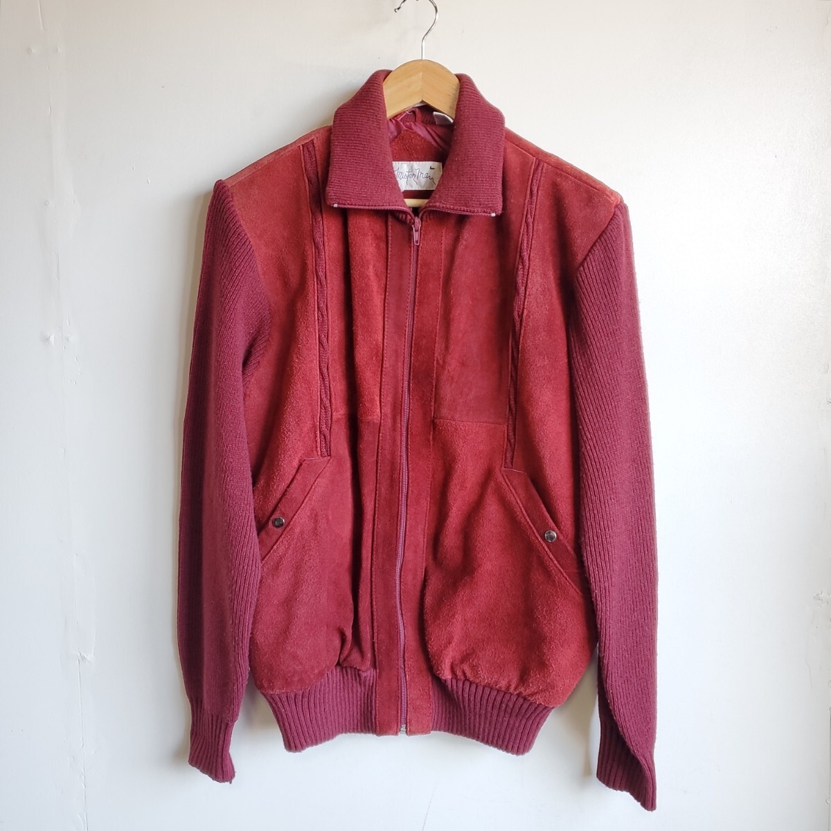 H12◆【sizeL位】Mister man レザー×ニット ブルゾン 赤 レッド スウェード 本革 レザー USED 中古 カーディガン OPTIジップ拍卖