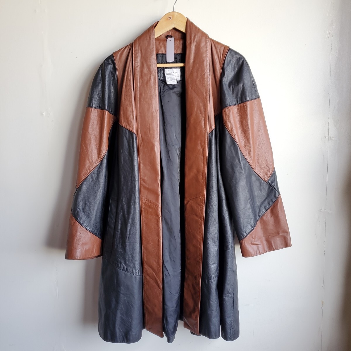 1084◆【sizeM】80s Larner レザーコート ガウン ツートン 茶×黒 ブラウン ブラック 中古 USED vintage 古着拍卖