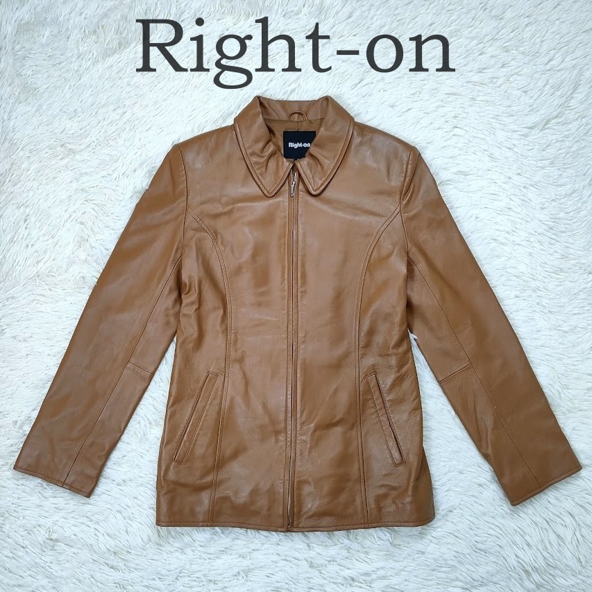 美品 Right-on ライトオン 【本革】 レザージャケット S ブラウン キャメル 羊革 レディース ライダース 革ジャン 茶色 中古 レア拍卖