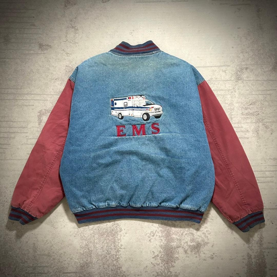 90's デニム 短丈 ボンバーJKT 刺繍 バイカラー オーバーサイズ拍卖