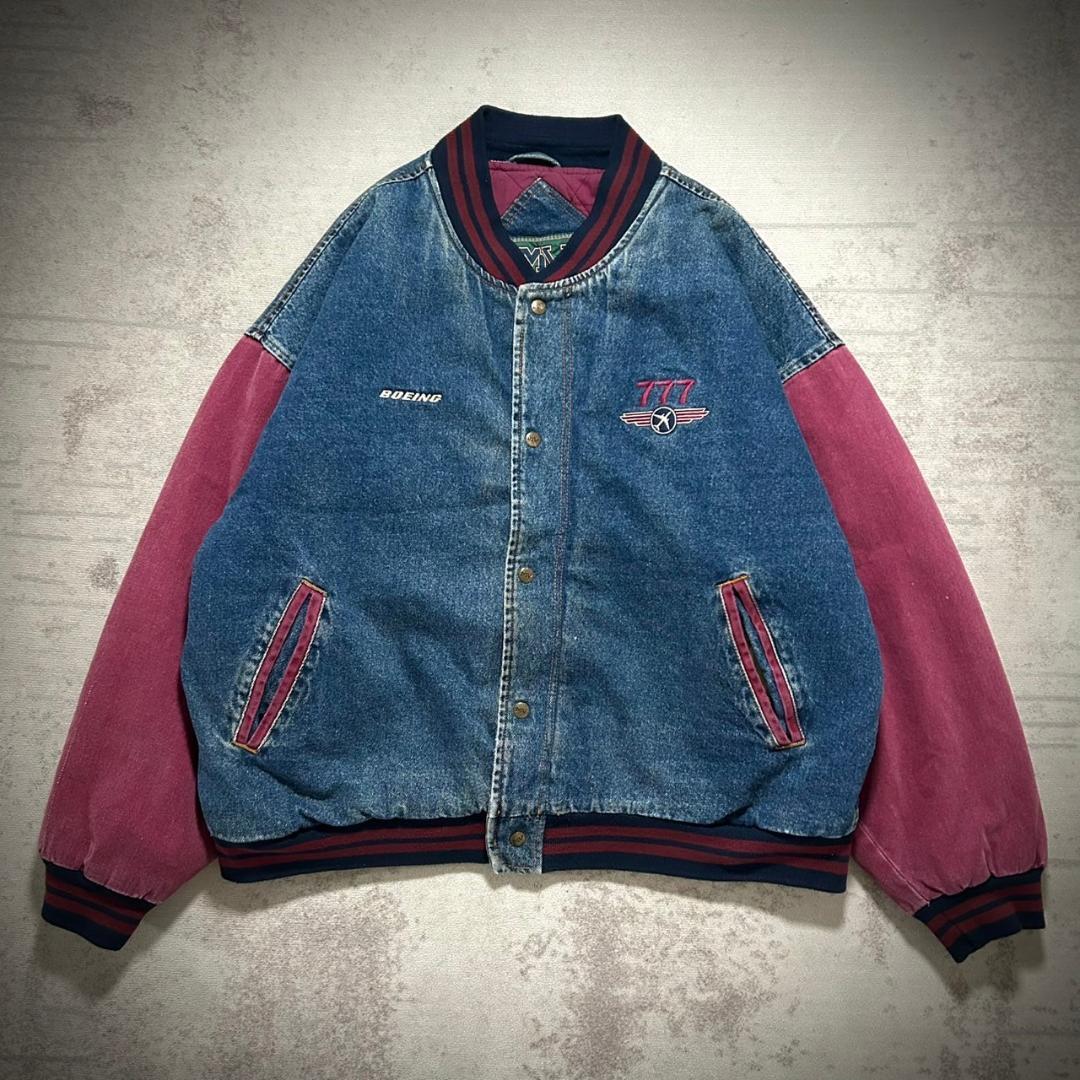 美品 90's デニム 短丈 ボンバーJKT バイカラー オーバーサイズ拍卖