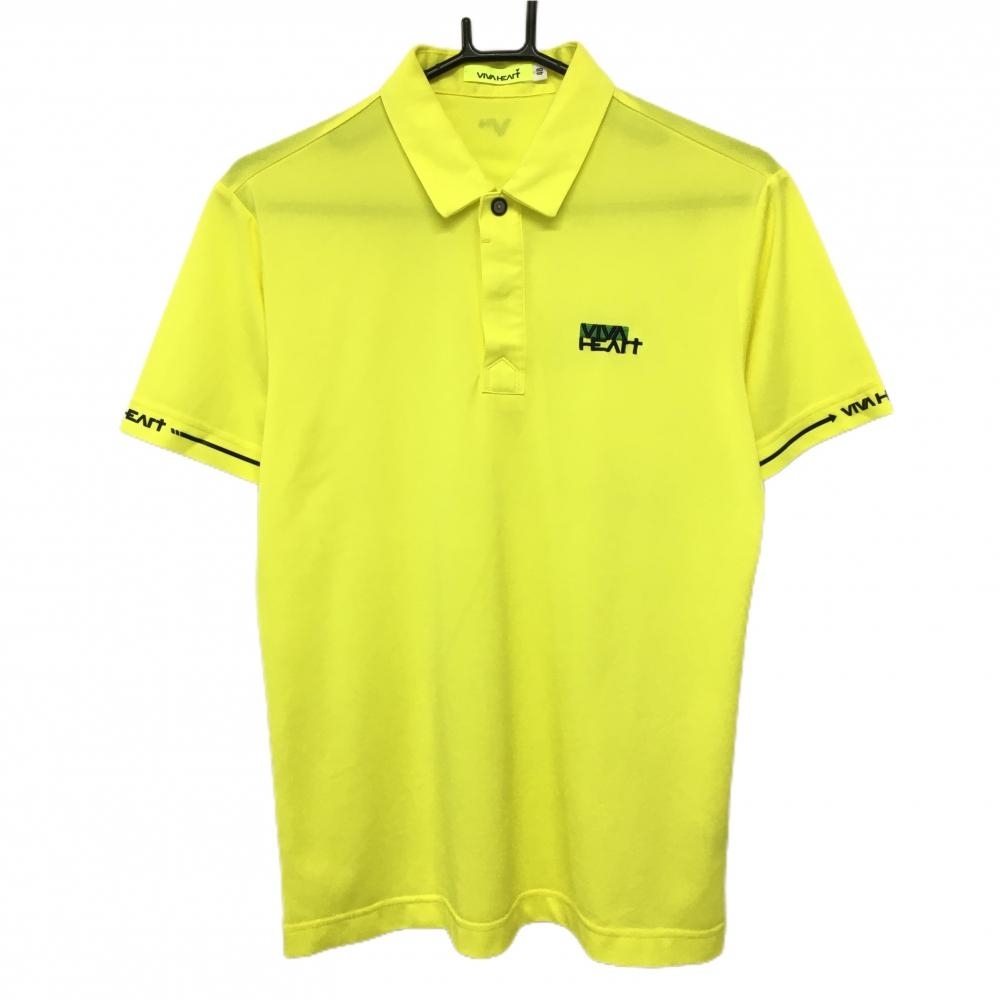 ビバハート 半袖ポロシャツ イエロー×黒 胸刺しゅう 袖口プリント 襟汚れ メンズ 48(M) ゴルフウェア VIVA HEART拍卖