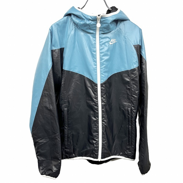 ナイキ NIKE 若干薄手 中綿入り ジャケット パーカー ラグラン 長袖 ジップアップ ロゴ刺繍 ハイネック ポリ100% S ブルー 青×黒 メンズ拍卖