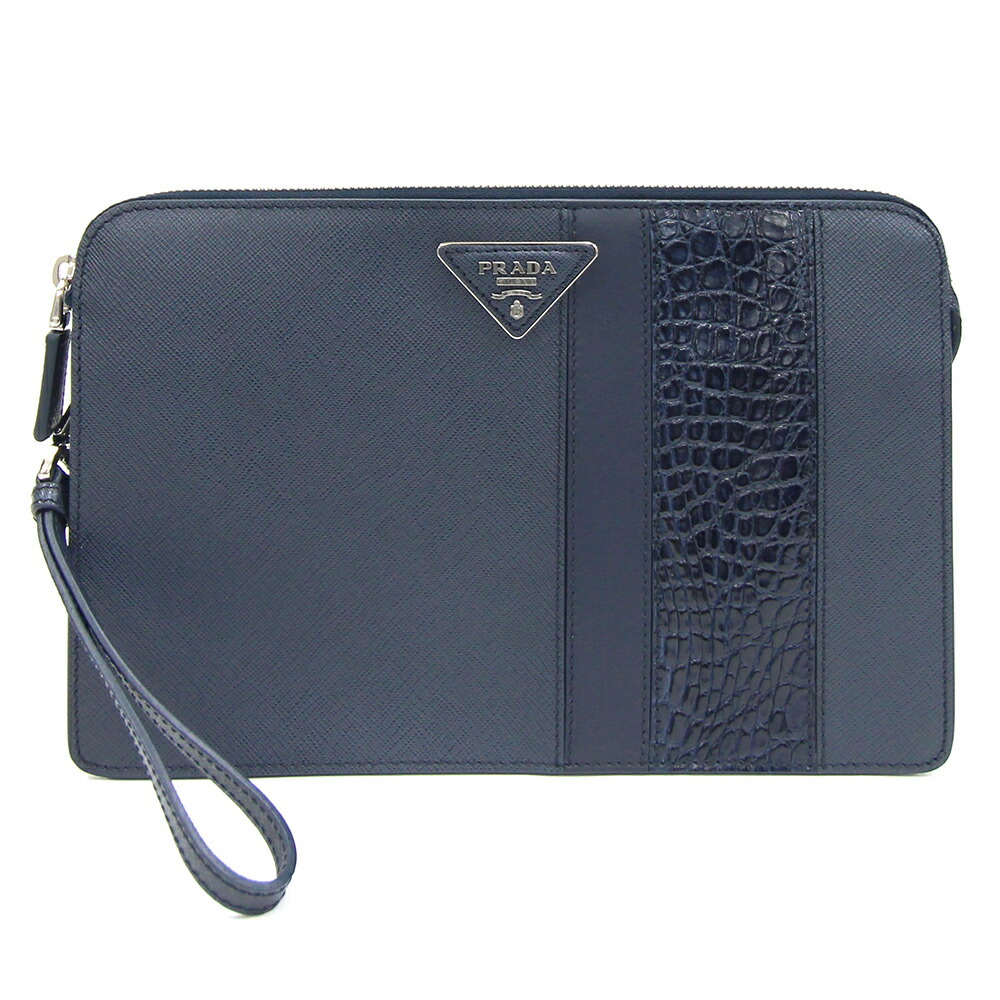 プラダ クラッチバッグ 2VF056 ネイビー レザー クロコダイル 中古 セカンドバッグ 鞄 ロゴ 紺 メンズ 男性拍卖