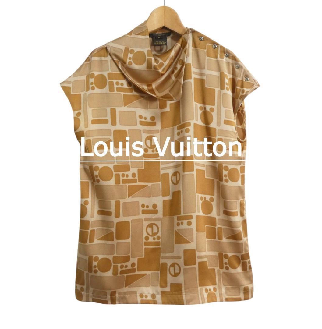 極美品 Louis Vuitton ルイヴィトン 総柄 シルク100% 肩ボタン ドレープ フレンチスリーブ ブラウス シャツ 茶 ブラウン拍卖