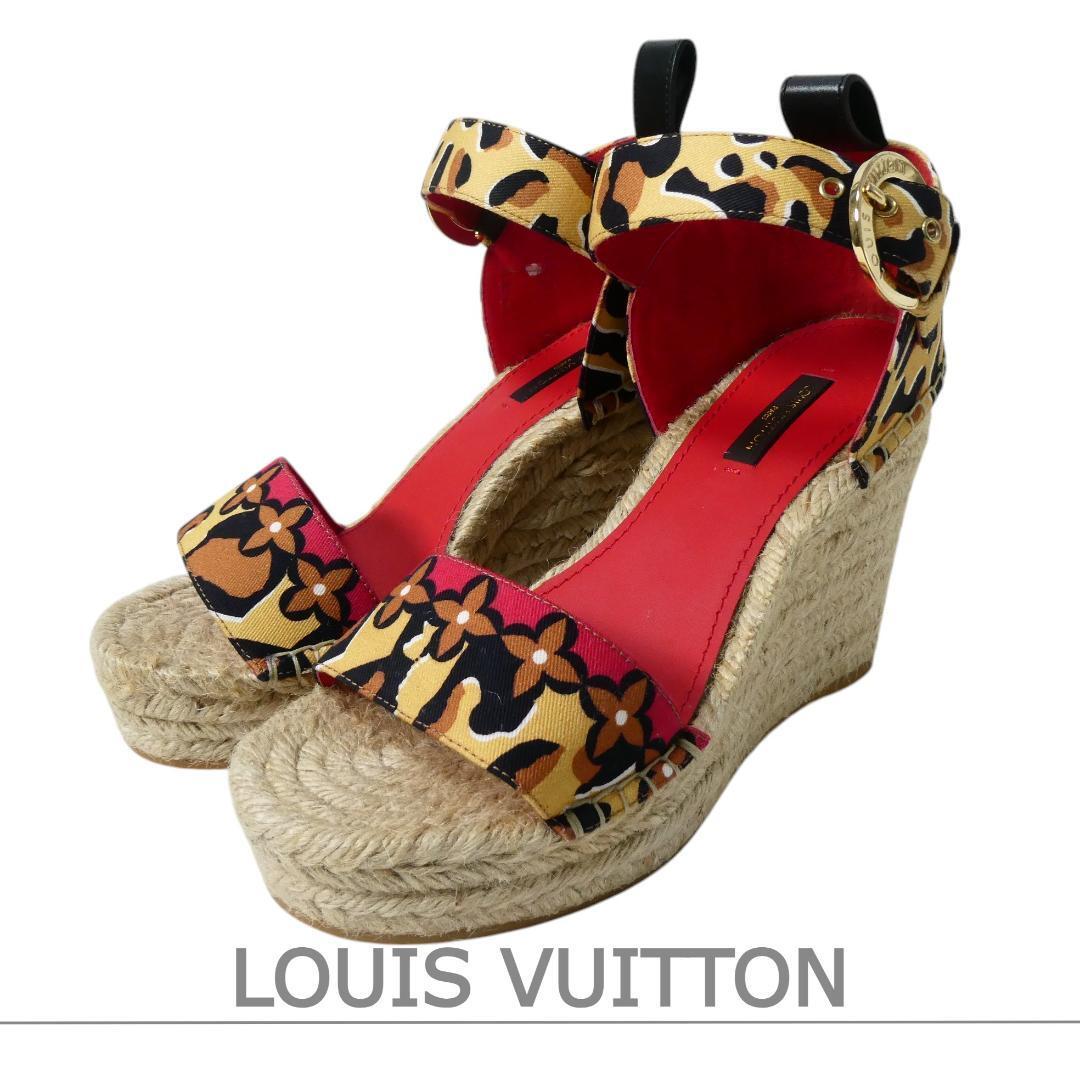 新品同様 LOUIS VUITTON ルイヴィトン サイズ37 モノグラムフラワー レオパード柄 エスパドリーユ ウェッジソール サンダル マルチカラー拍卖