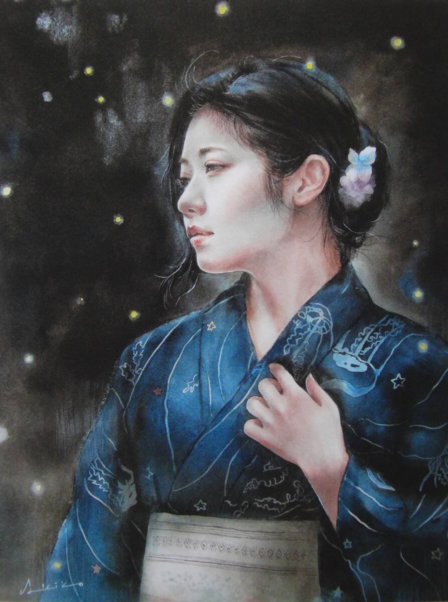 徳田明子、「蛍火」、希少画集・額装画、日本製・新品額縁にて額装致します、状態良好、日本人画家、美人拍卖