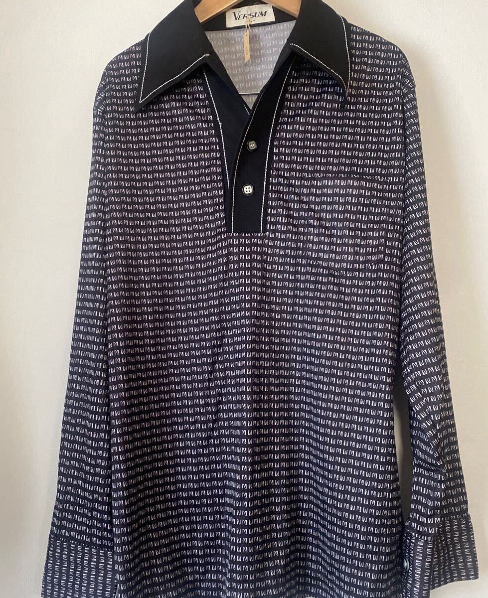 イタリアンカラー レトロ 長袖ポロシャツ L 幾何学柄拍卖