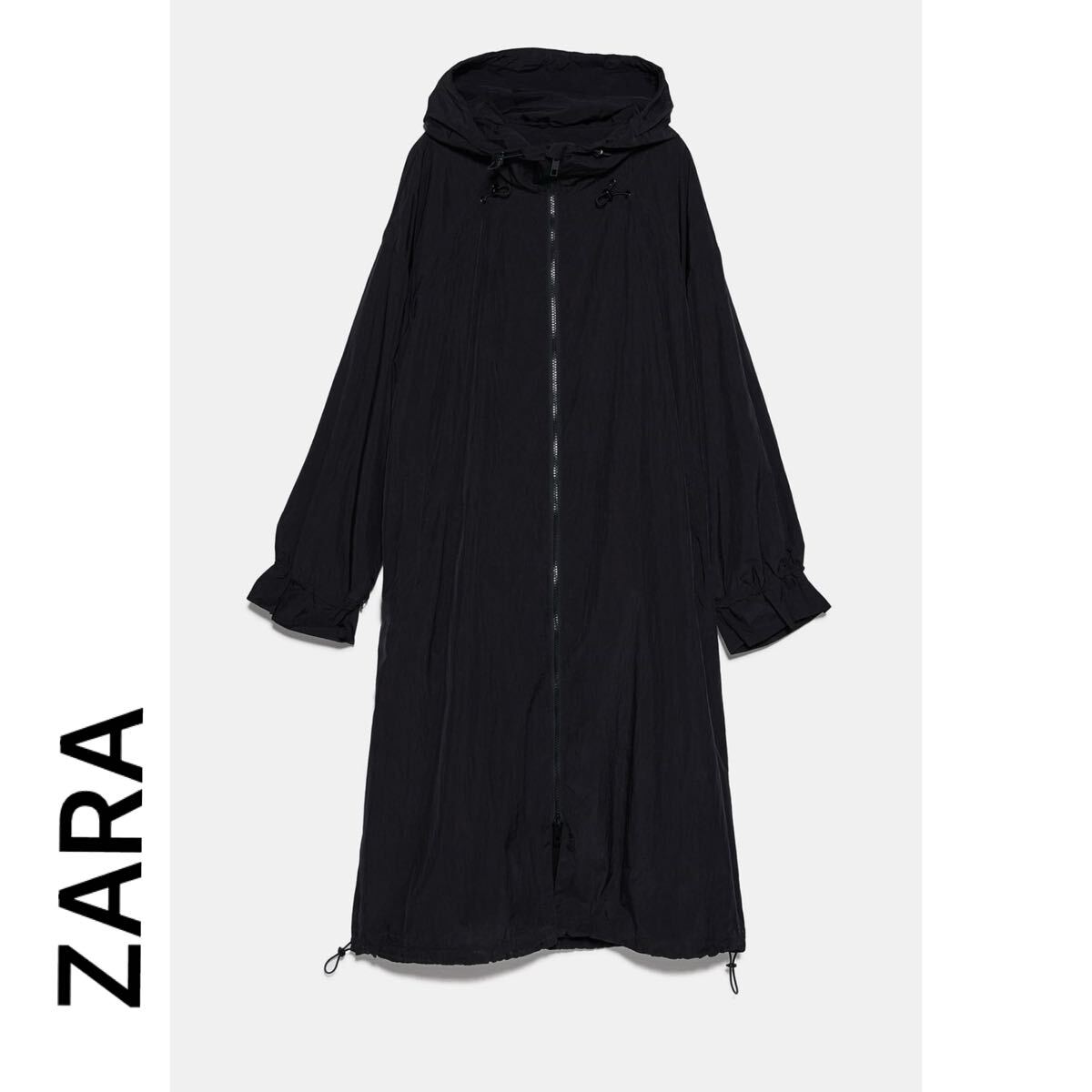 ZARA ナイロンコート フード マウンテンパーカー ロングコート アウター 黒 ブラック レディースSMサイズ 美品 ドロスト 長袖拍卖