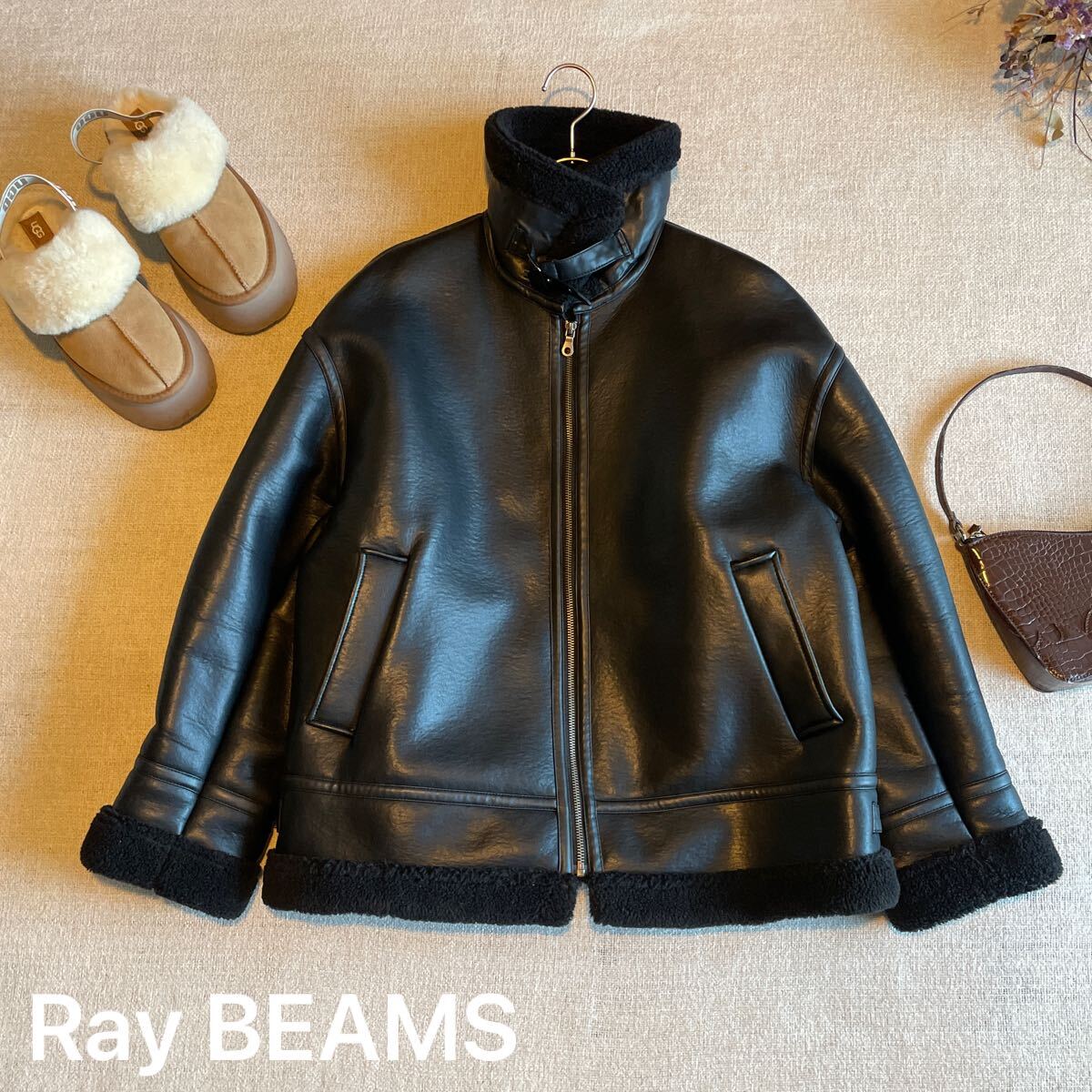 BEAMS フェイクムートンボマーブルゾン ムートンコート アウター レイビームス ジャケット サイズ1 美品  フライトジャケット 黒拍卖