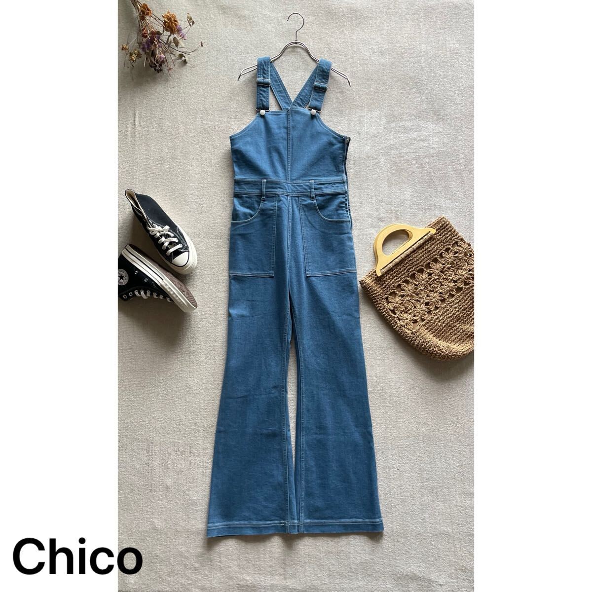 Chico ストレッチフレアサロペット デニム ブーツカット オールインワン ロングパンツ オーバーオープン ブルー チコ Sサイズ 未使用拍卖