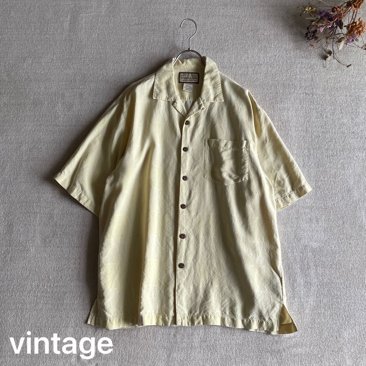 古着 開襟シャツ 柄シャツ 半袖 アロハシャツ  シルク メンズMサイズ ヴィンテージ USED ユーズド トップス イエロー 拍卖