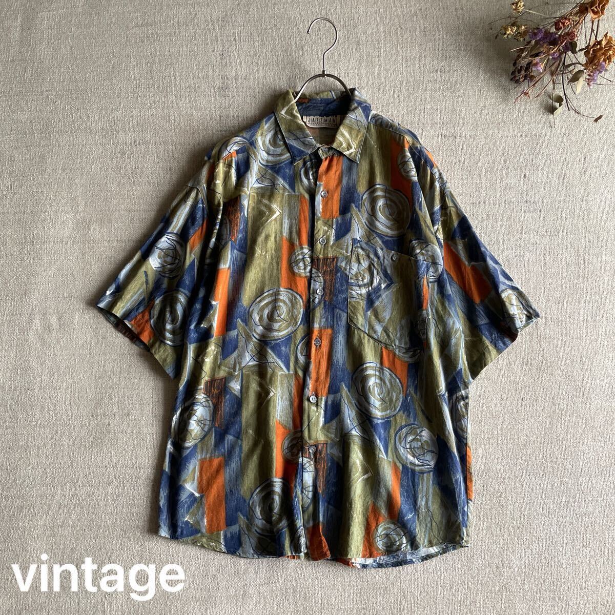 古着 ボタンシャツ 柄シャツ 半袖 アロハシャツ  メンズMサイズ ヴィンテージ USED ユーズド トップス レーヨン レトロ 拍卖