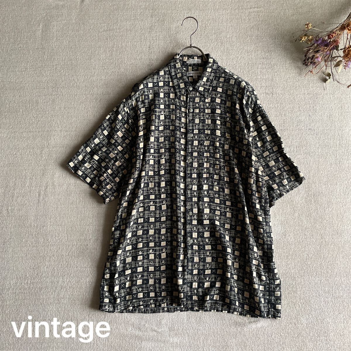 古着 レーヨンシャツ 柄シャツ 半袖 アロハシャツ メンズLサイズ ヴィンテージ USED ユーズド トップス 黒 カットソー 韓国古着拍卖