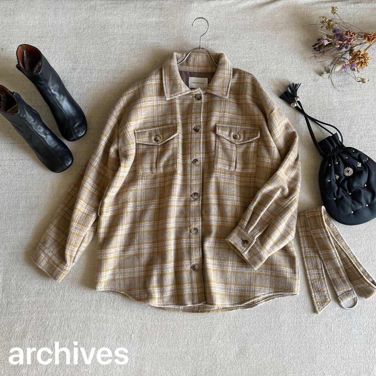 アルシーブ シャツアウター ネルシャツ ベルト付き 未使用 レディースMサイズ 長袖シャツ 上着 チェック柄 archives コート拍卖
