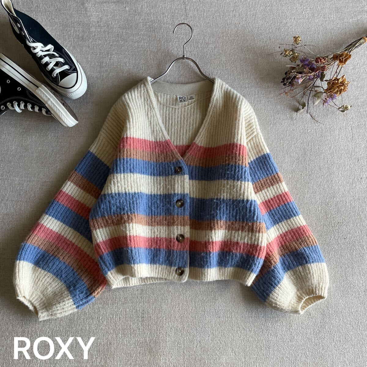ROXY ニットカーディガン セーター ボーダー ロキシー ランダムボーダーカーディガン Sサイズ 長袖 トップス 羽織 上着 アウター拍卖